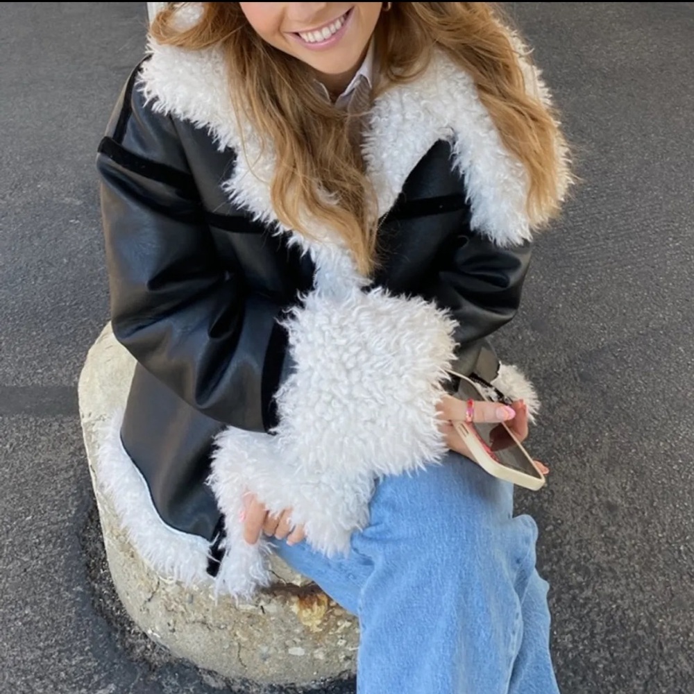 Lioness Black Faux Leather Jacket with White Shearling Trim